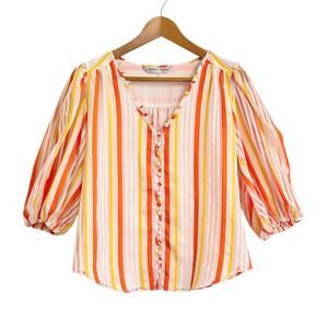 Trina Turk Gratitude Top Puff Sleeve V-neck Size Small Orange Yellow Stripe
